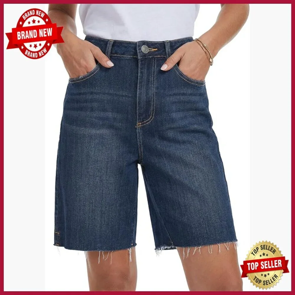 High Waisted Baggy Denim Bermuda Shorts Ripped Distressed Casual